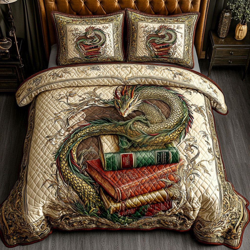 Arcane Serpent quilted 3-piece bedding set on a made bed with two matching pillow shams