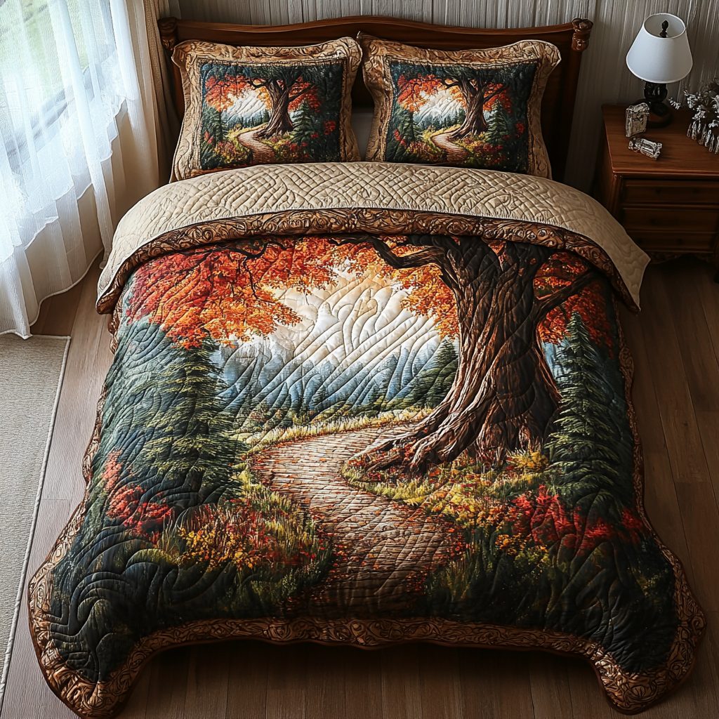 Arcane Woods quilted 3-piece bedding set on a made bed with two matching pillow shams