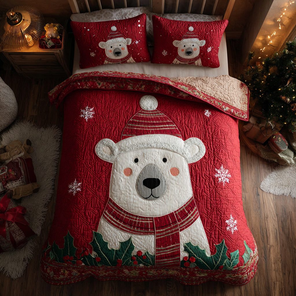 Arctic Bear Joy quilted 3-piece bedding set on a made bed with two matching pillow shams