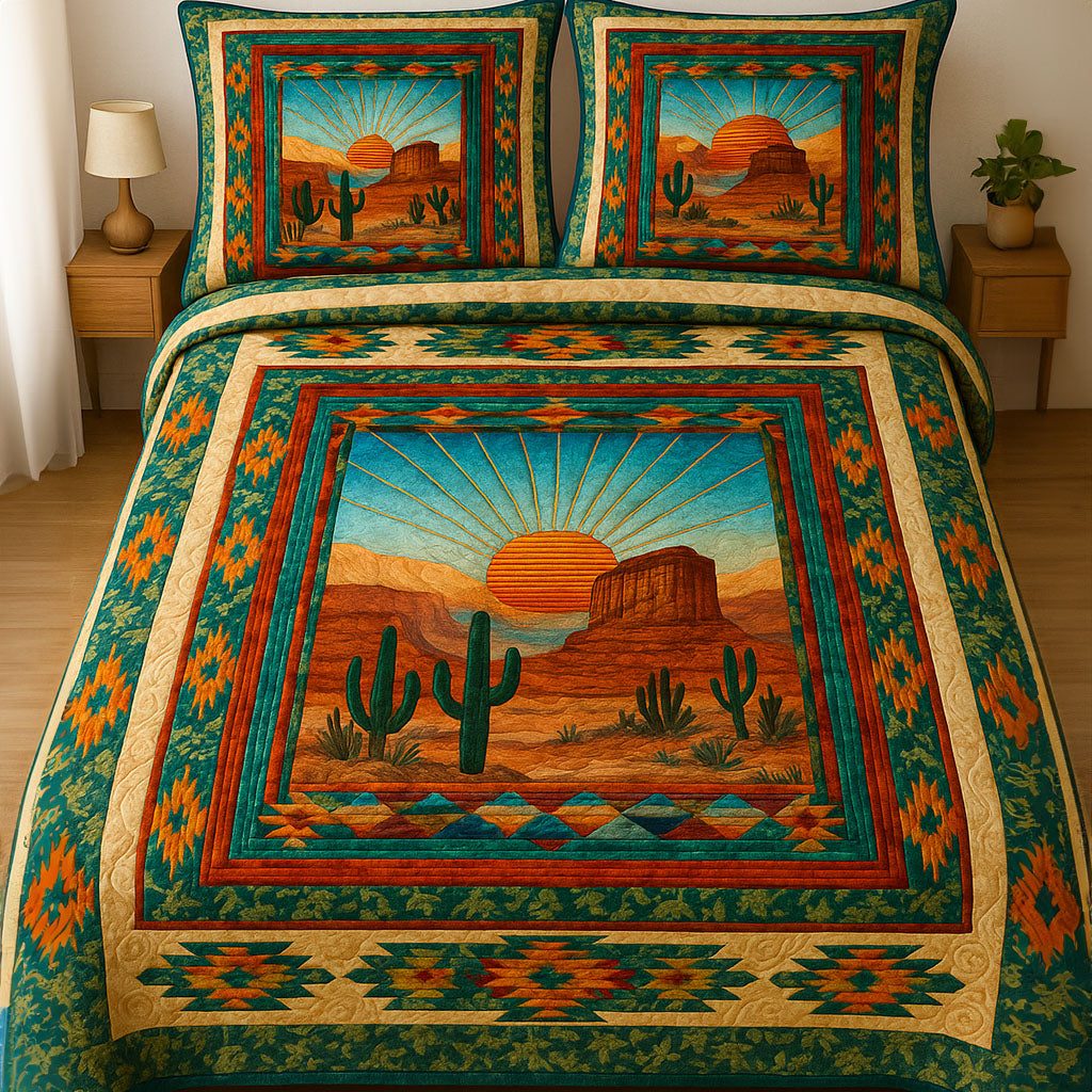 Arizona Desert quilted 3-piece bedding set on a made bed with two matching pillow shams
