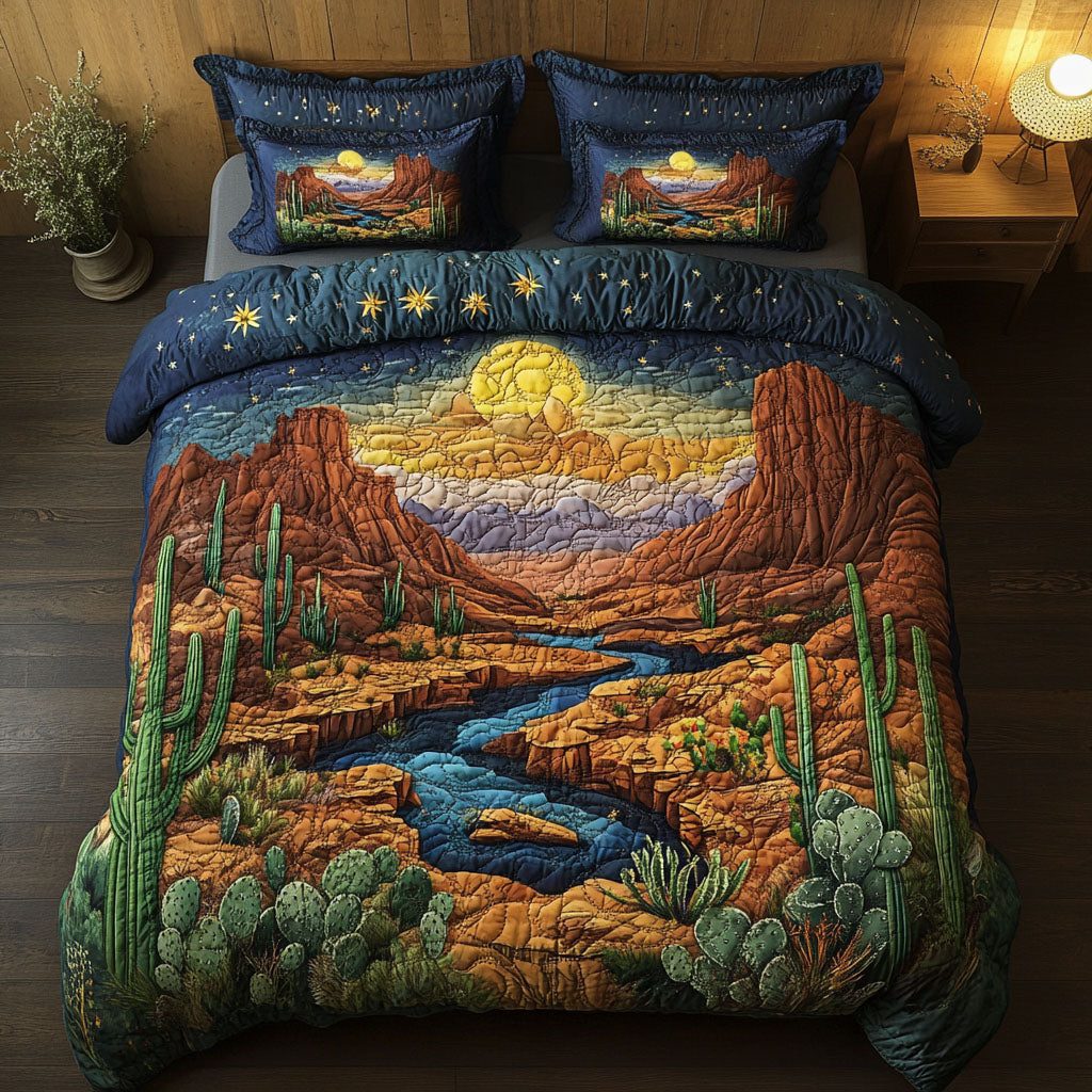 Arizona Desert quilted 3-piece bedding set on a made bed with two matching pillow shams