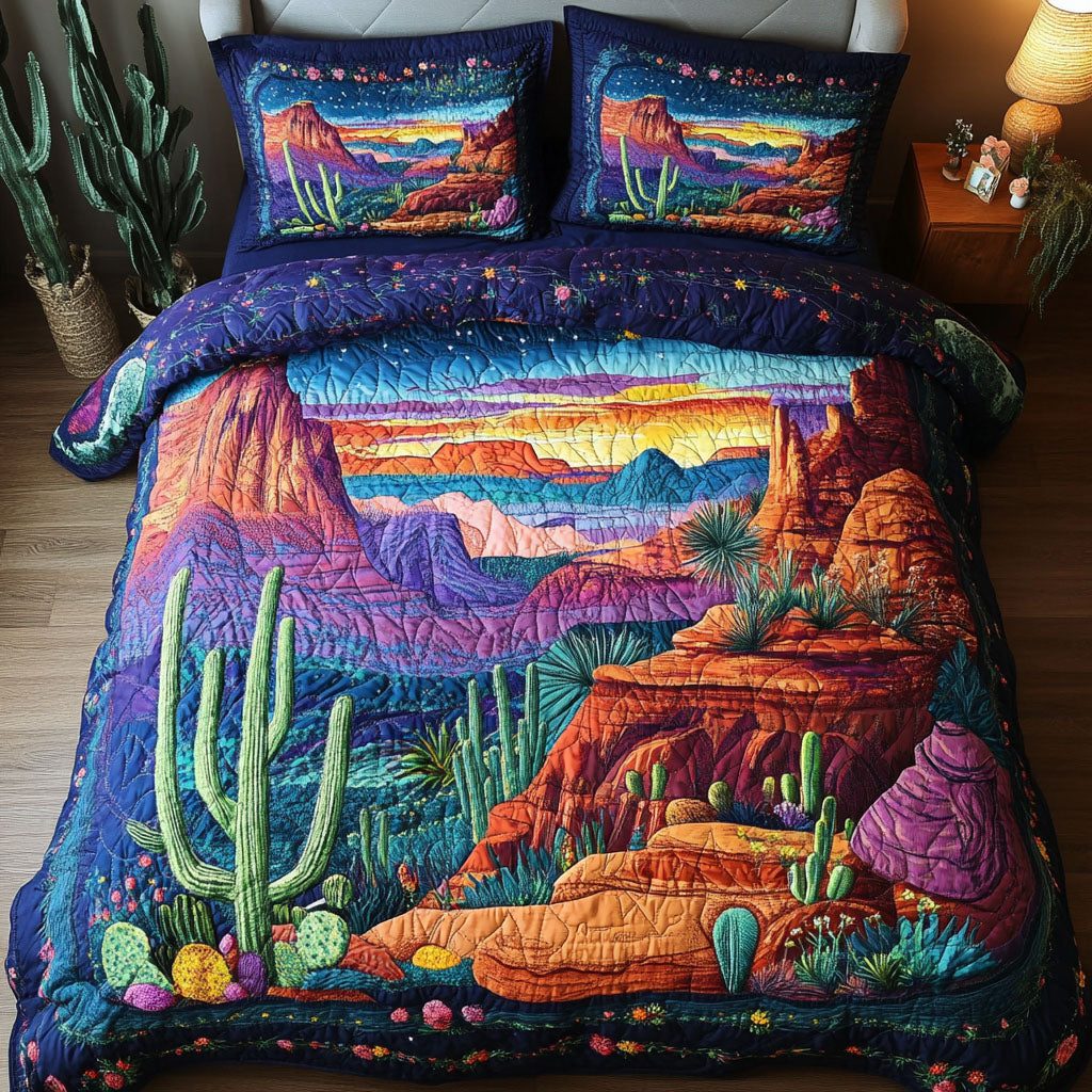 Arizona Glow quilted 3-piece bedding set on a made bed with two matching pillow shams