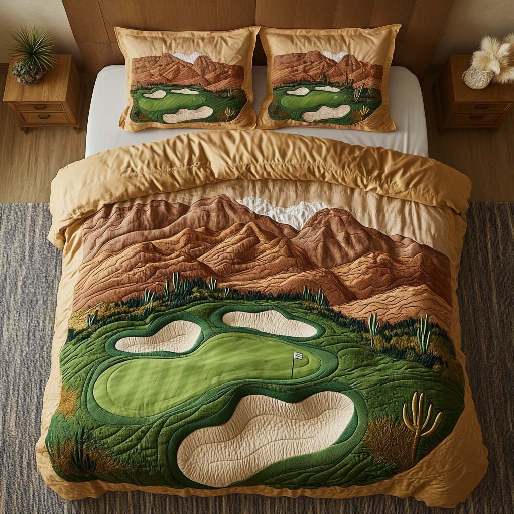 Arizona Golf Adventure quilted 3-piece bedding set on a made bed in a winter-styled bedroom
