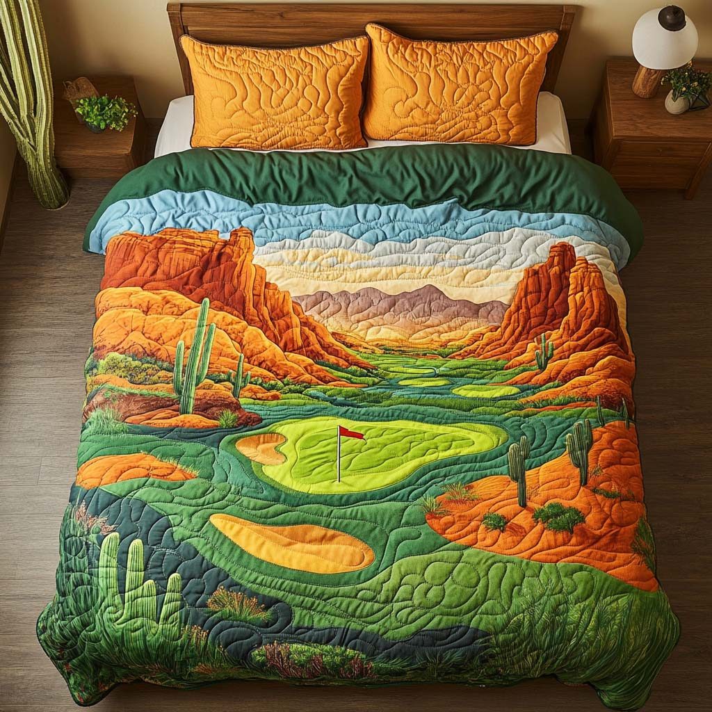 Arizona Golf Desert Drive quilted 3-piece bedding set on a made bed with two matching pillow shams
