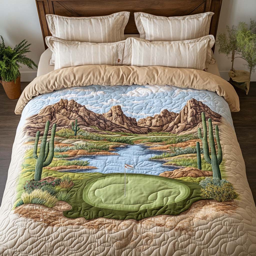 Arizona Golf Mirage quilted 3-piece bedding set on a made bed with two matching pillow shams