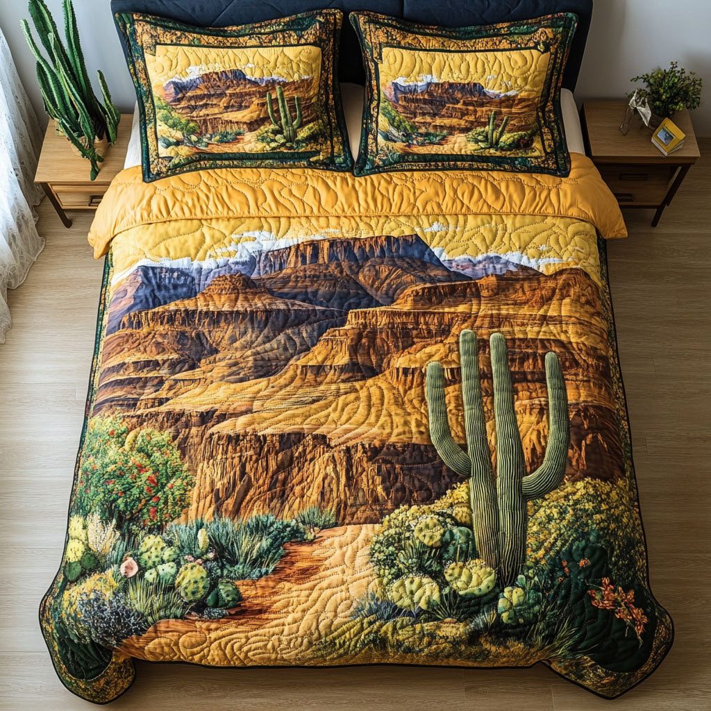 Arizona Oasis quilted 3-piece bedding set on a made bed with two matching pillow shams