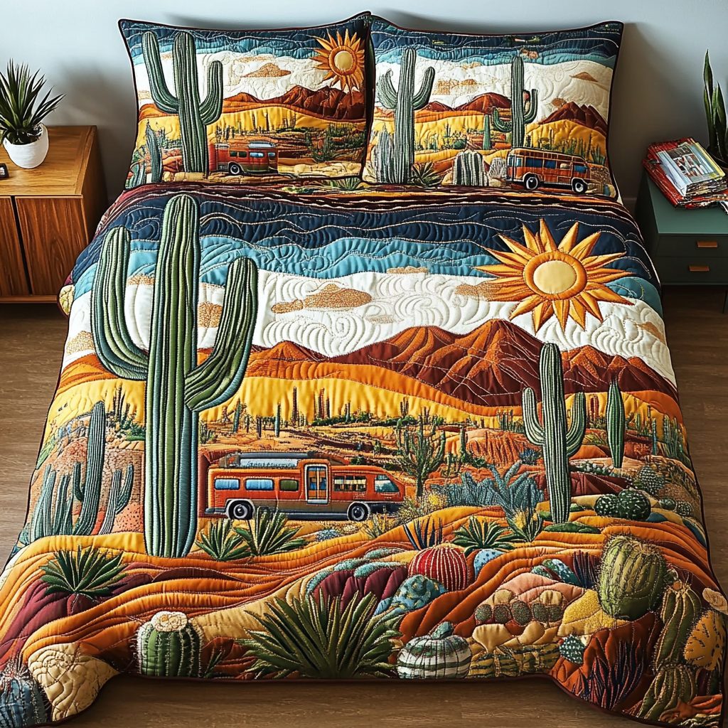 Arizona Wonders quilted 3-piece bedding set on a made bed with two matching pillow shams