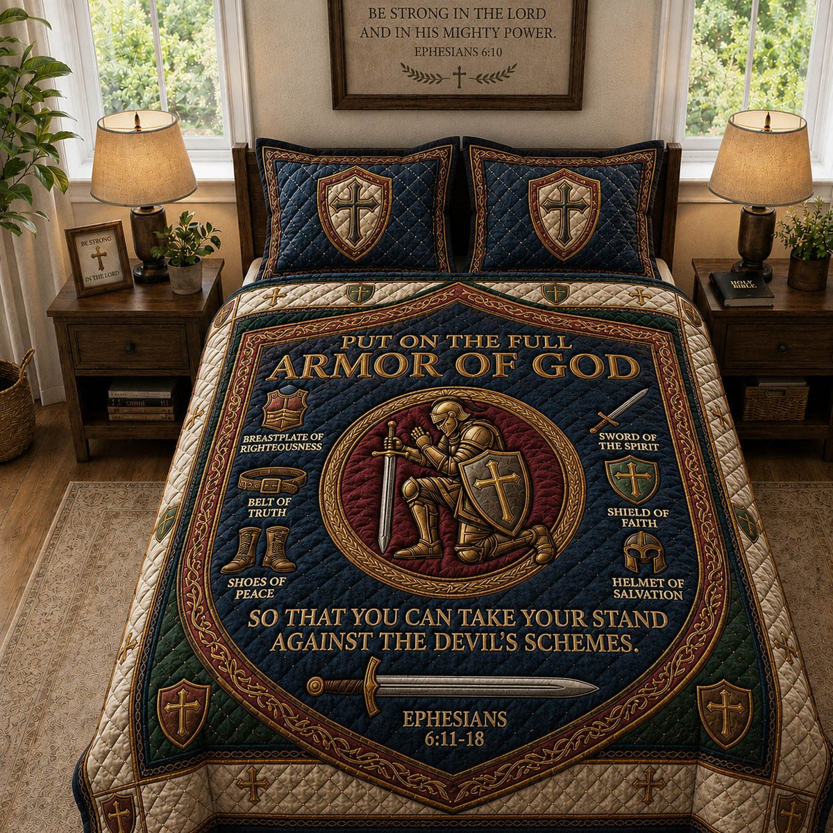 Armor Of God Ephesians quilted 3-piece bedding set on a made bed in a softly lit bedroom