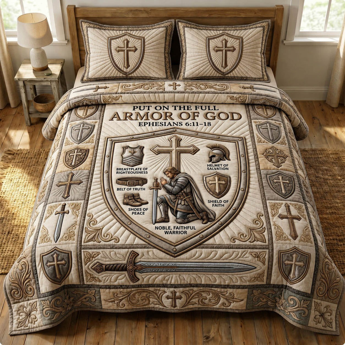 Armor Of God quilted 3-piece bedding set on a made bed in a softly lit bedroom