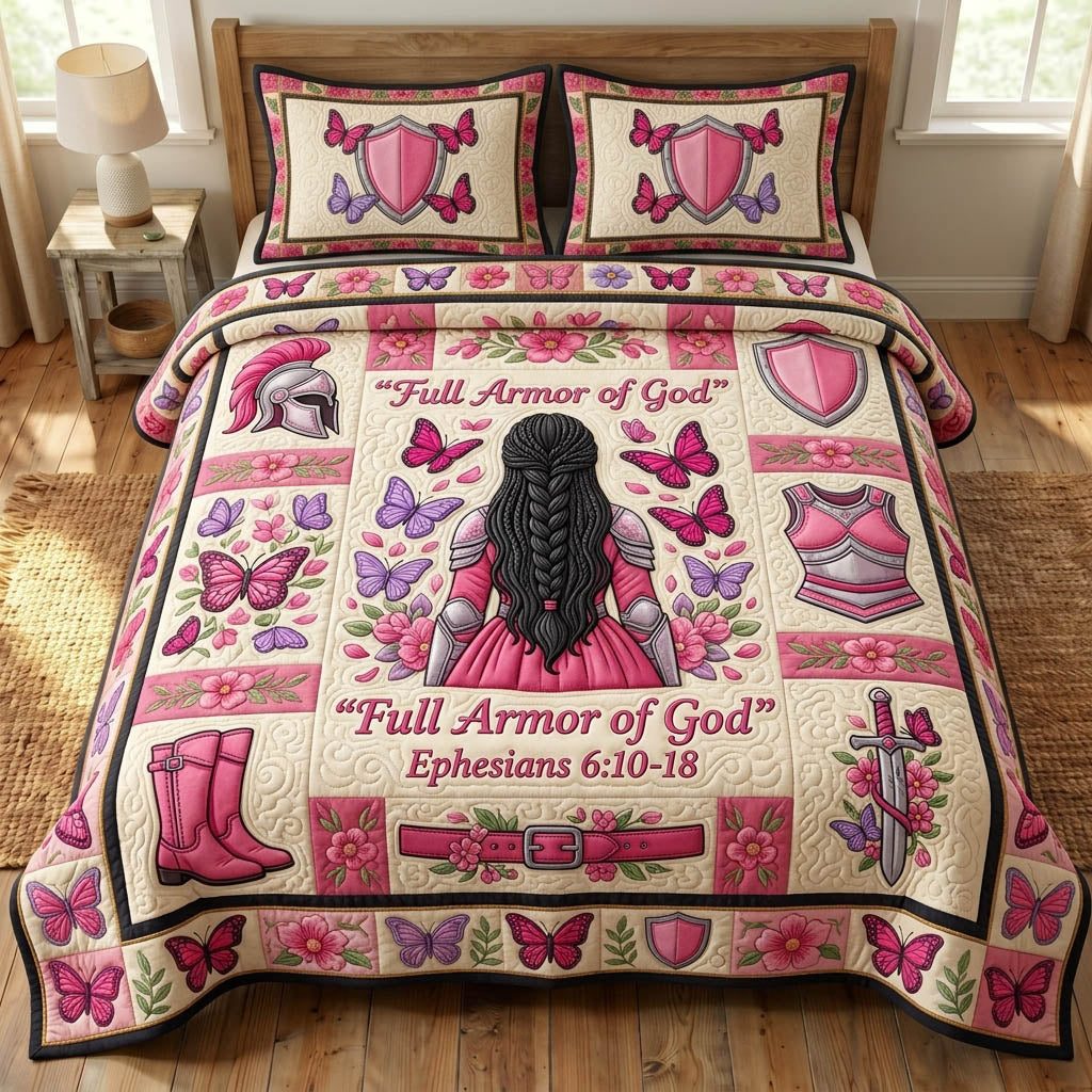 Armor Of God quilted 3-piece bedding set on a made bed in a softly lit bedroom