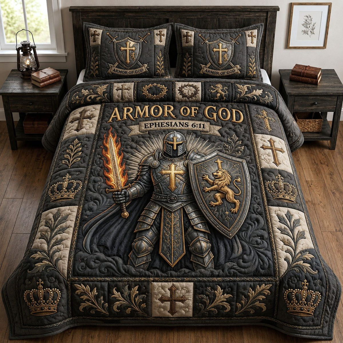 Armor Of God quilted 3-piece bedding set on a made bed in a softly lit bedroom