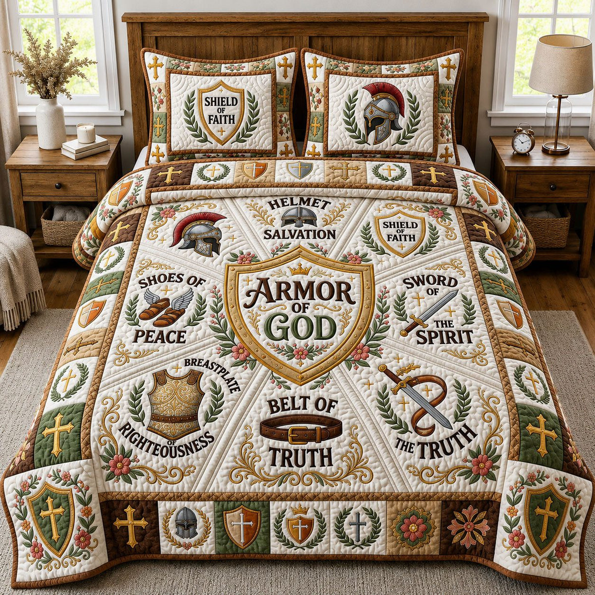 Armor Of God quilted 3-piece bedding set on a made bed in a softly lit bedroom