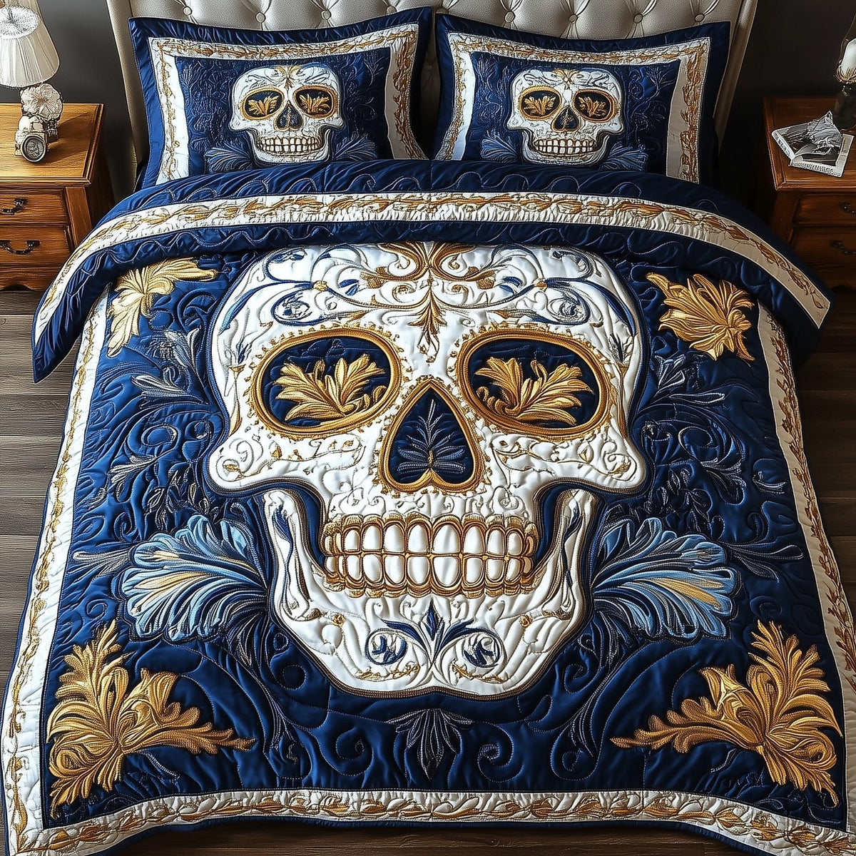 Artful Skull quilted 3-piece bedding set on a made bed against a dark styled interior
