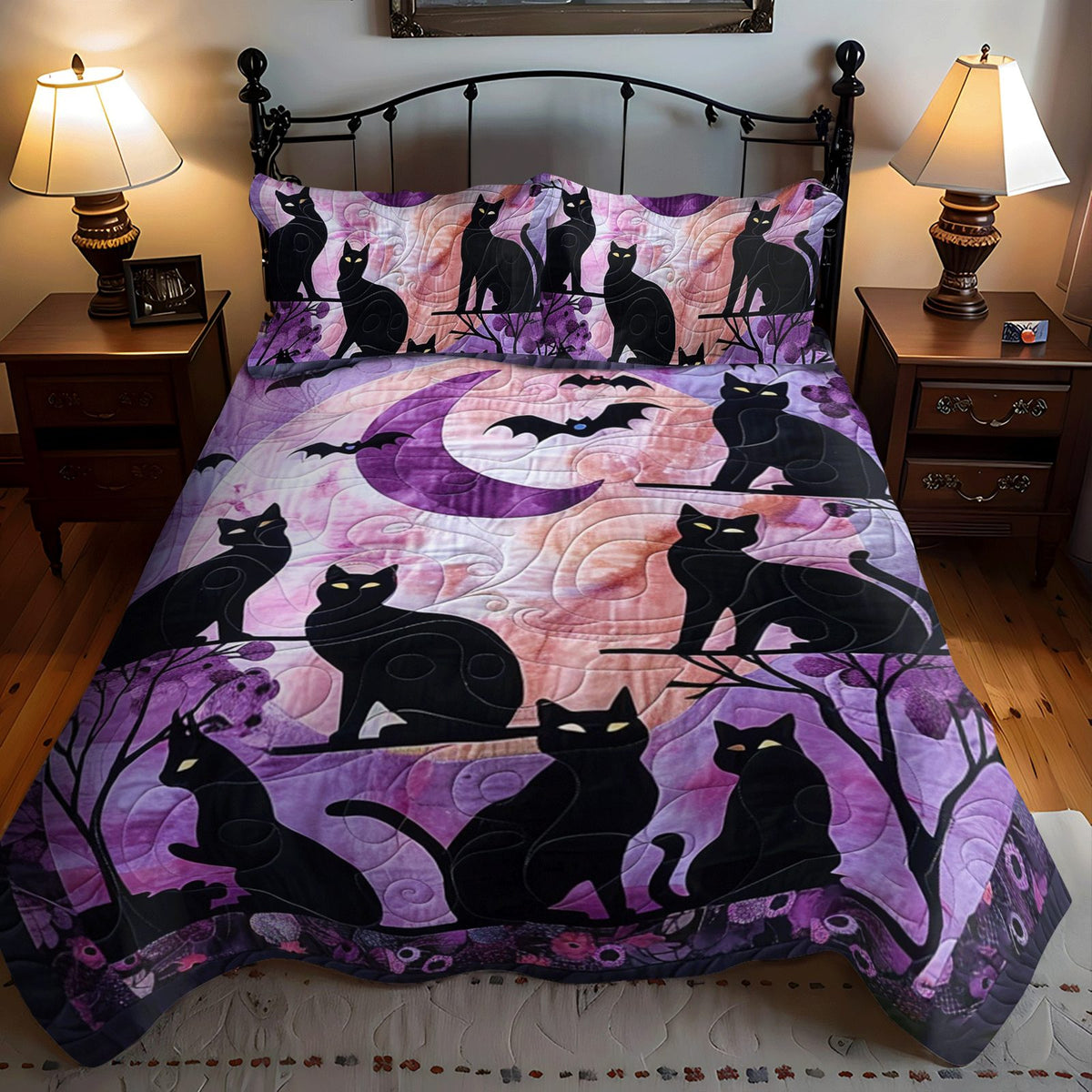 Artistic Black Cat quilted 3-piece bedding set on a made bed with two matching pillow shams