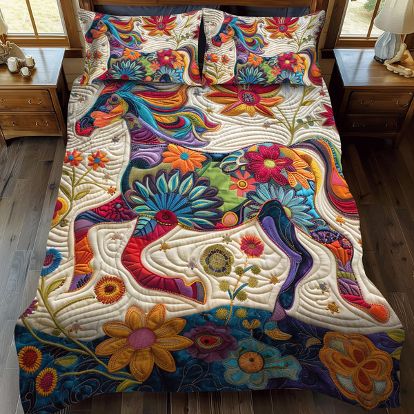 Artistic Horse quilted 3-piece bedding set on a made bed in a rustic timber bedroom