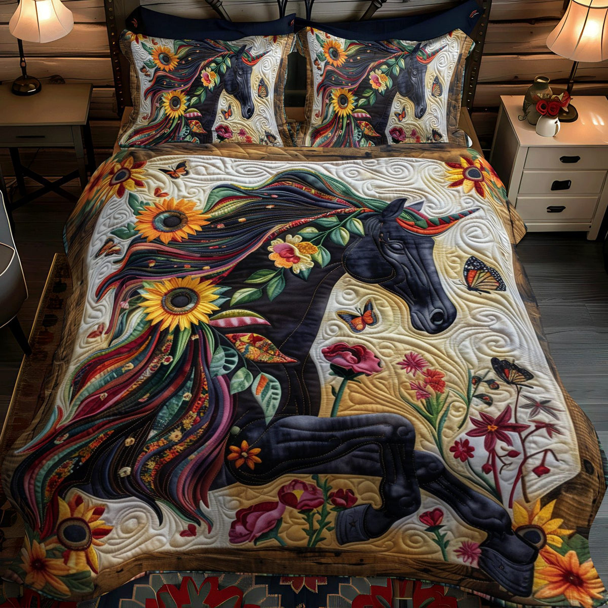 Artistic Mystical Steeds quilted 3-piece bedding set on a made bed with two matching pillow shams