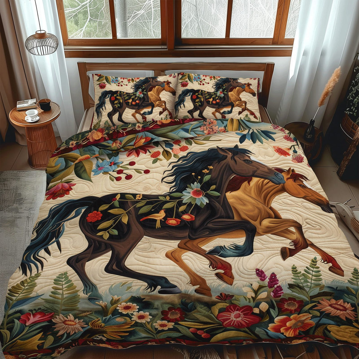 Artistic Mystical Steeds quilted 3-piece bedding set on a made bed with two matching pillow shams