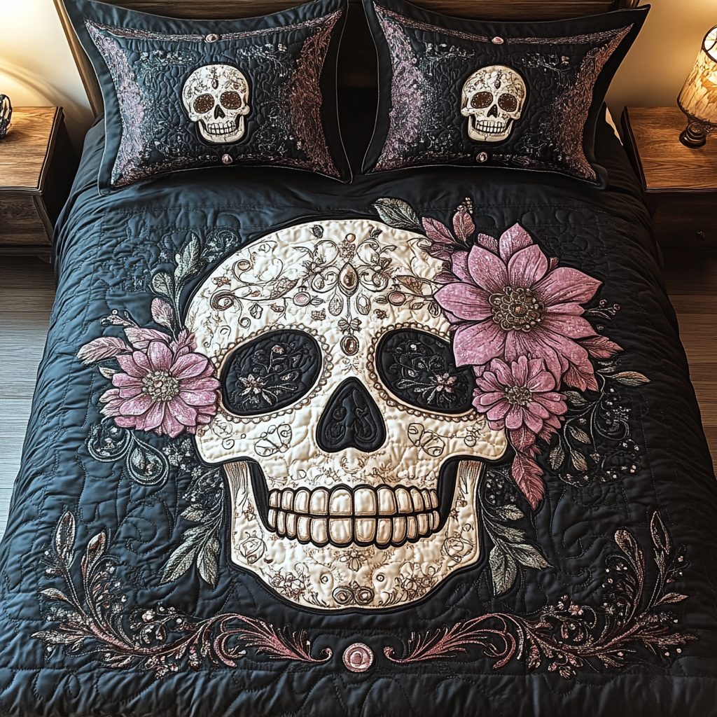 Artistic Skull quilted 3-piece bedding set on a made bed against a dark styled interior
