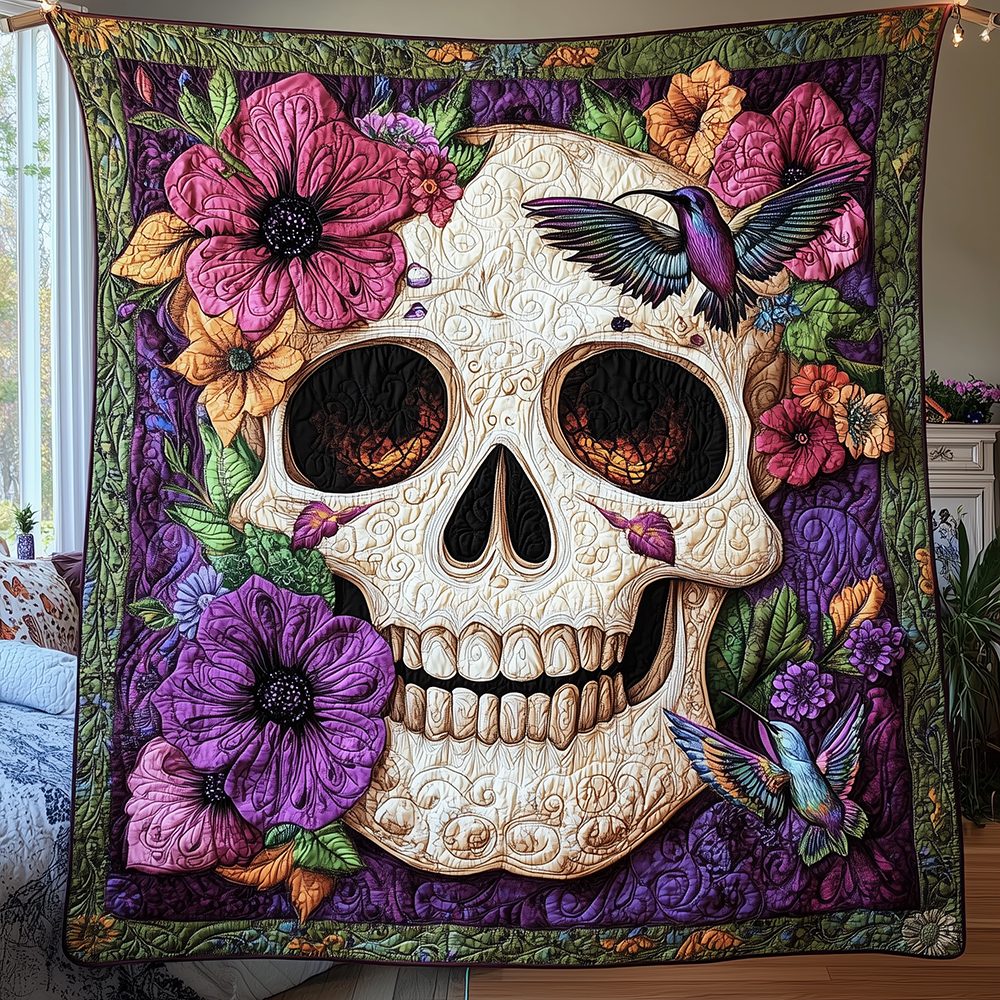 Artistic Skull Quilted Blanket - Design 1 quilted 3-piece bedding set on a made bed against a dark styled interior
