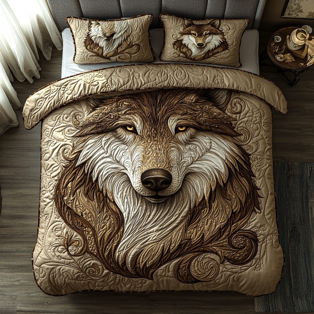 Ashborn Wolf quilted 3-piece bedding set on a made bed with two matching pillow shams