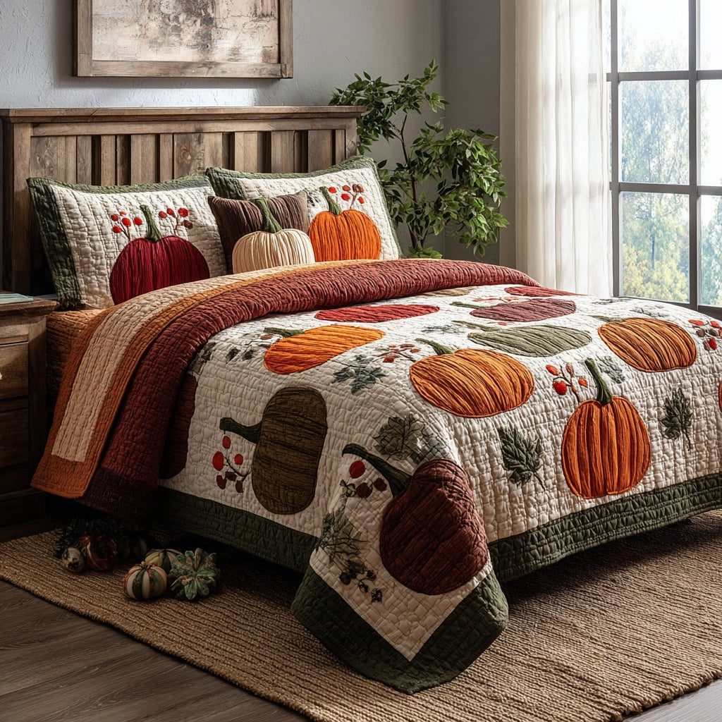 Assorted Pumpkin Orchard quilted 3-piece bedding set on a made bed against a dark styled interior