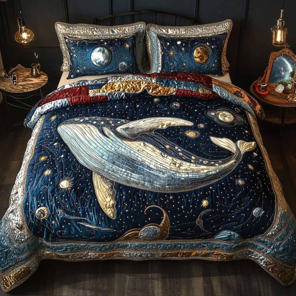 Astral Ocean Serenade quilted 3-piece bedding set on a made bed in a light coastal bedroom