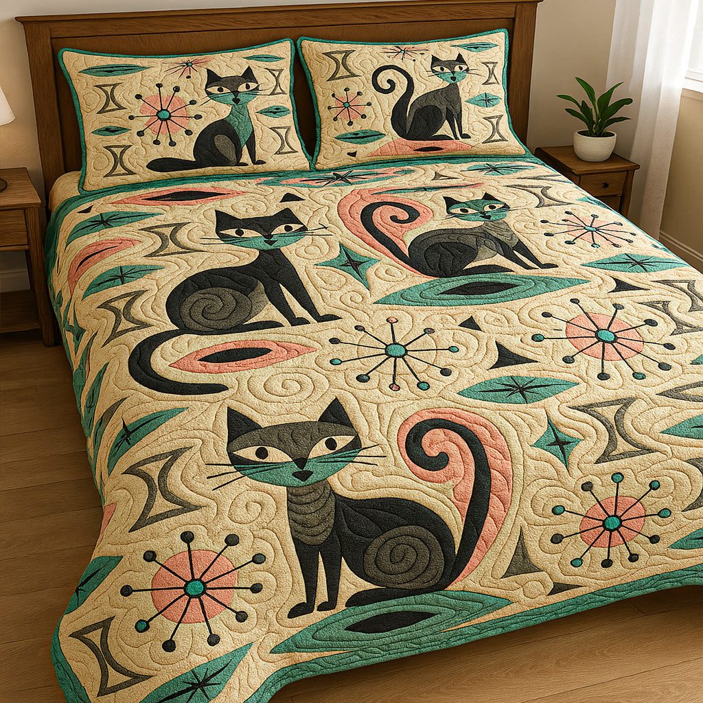 Atomic Catscape quilted 3-piece bedding set on a made bed with two matching pillow shams