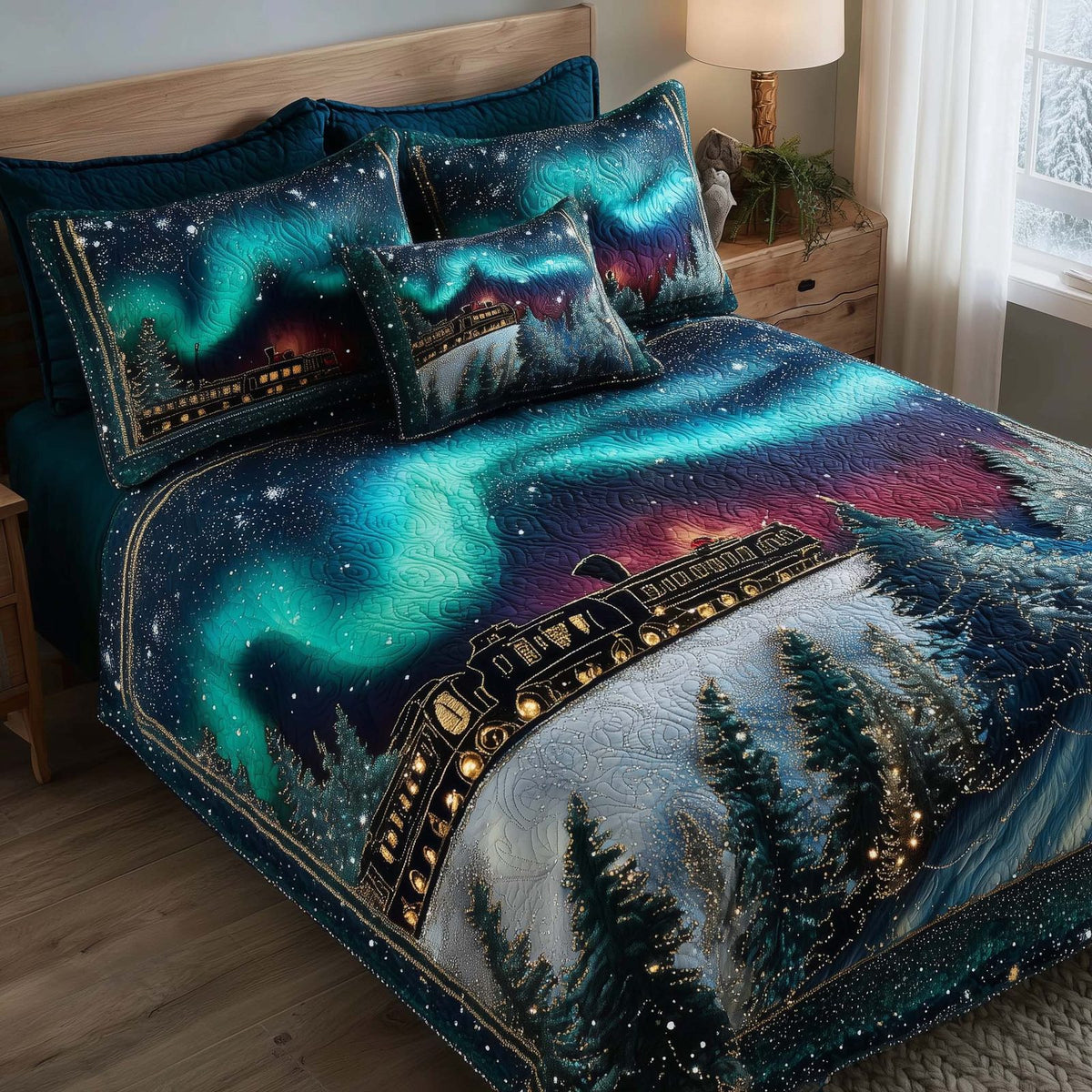 Aurora Borealis quilted 3-piece bedding set on a made bed with two matching pillow shams