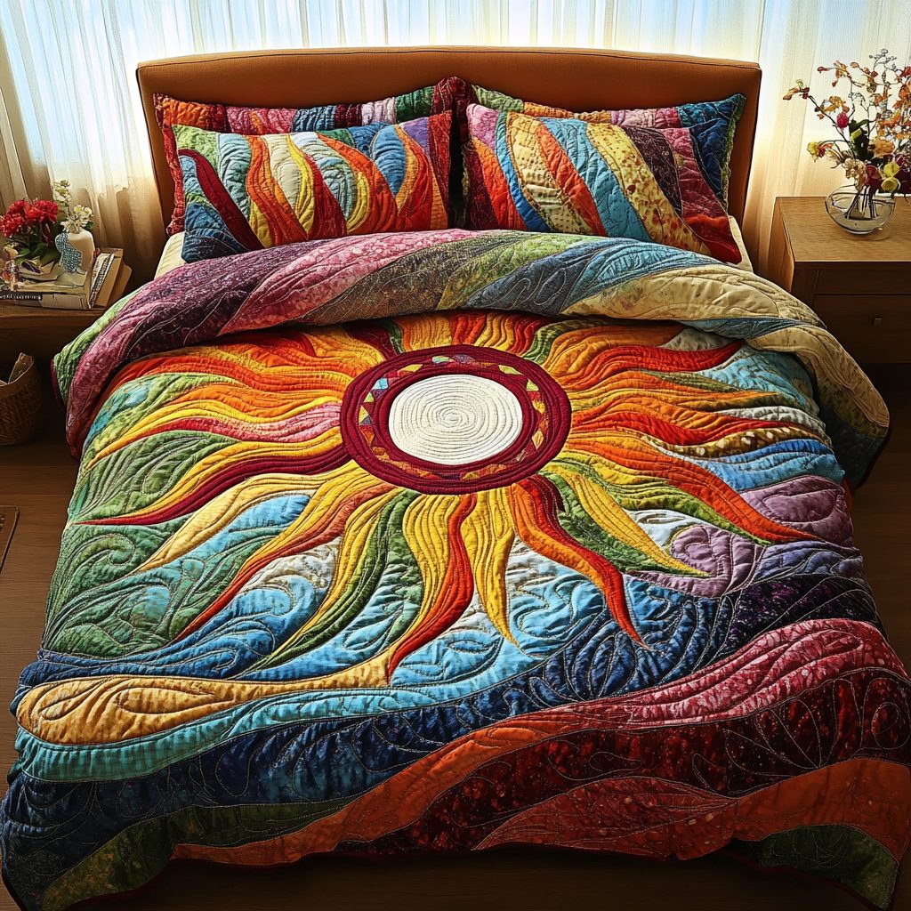 Aurora Dreams quilted 3-piece bedding set on a made bed with two matching pillow shams