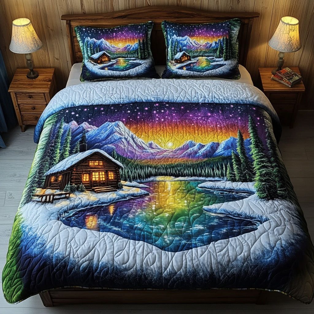 Aurora Haven quilted 3-piece bedding set on a made bed with two matching pillow shams