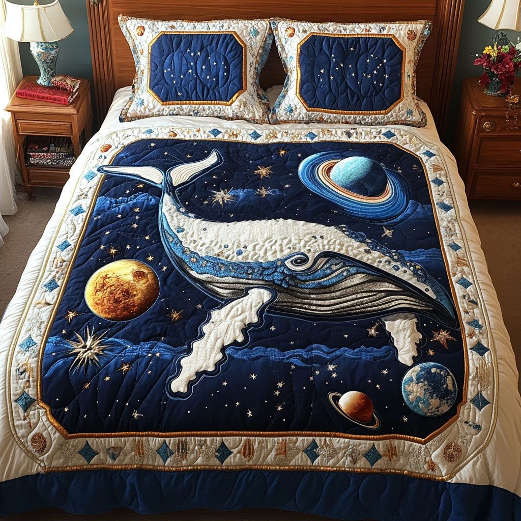 Aurora Ocean Journey quilted 3-piece bedding set on a made bed in a light coastal bedroom