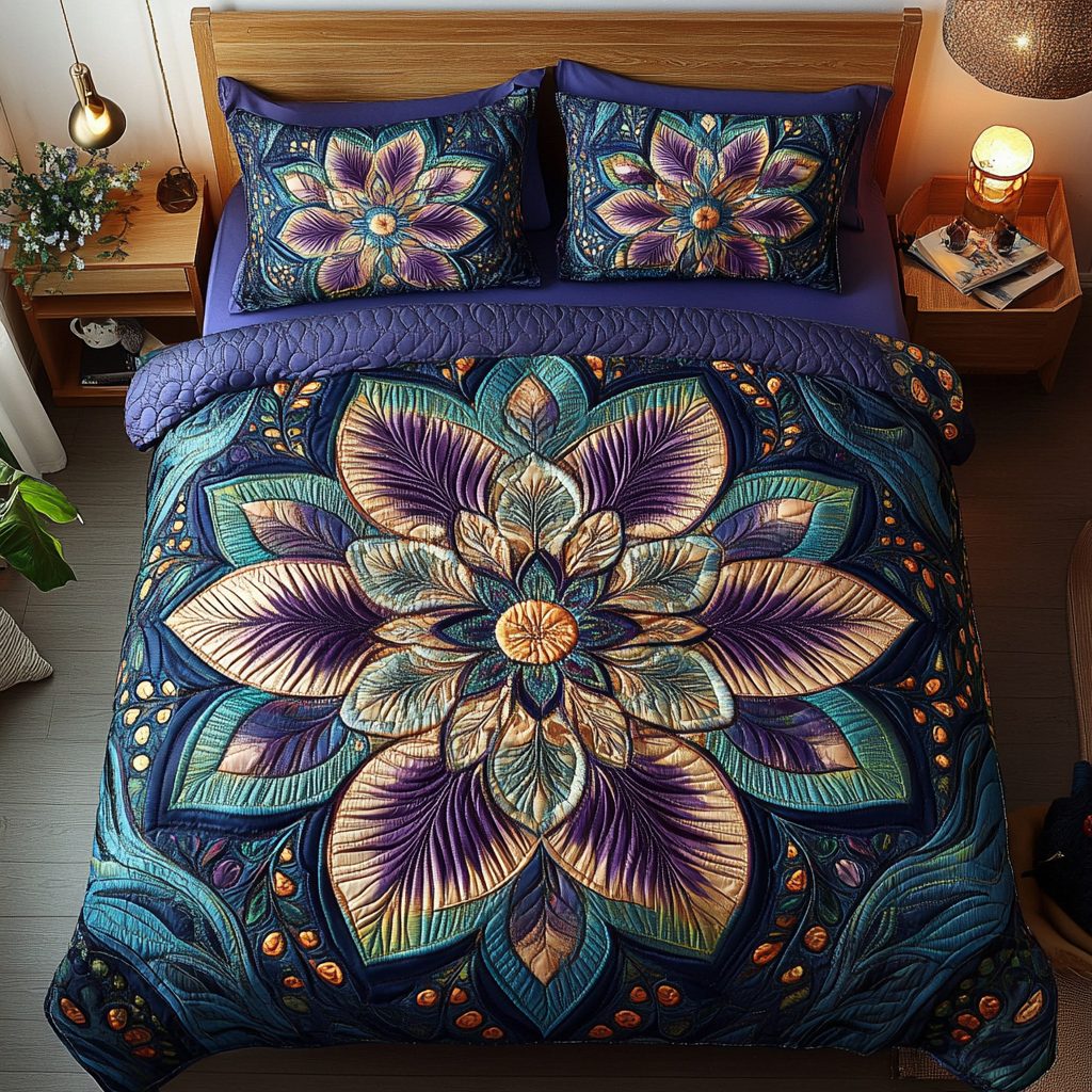 Aurora Petal Elegance quilted 3-piece bedding set on a made bed with two matching pillow shams