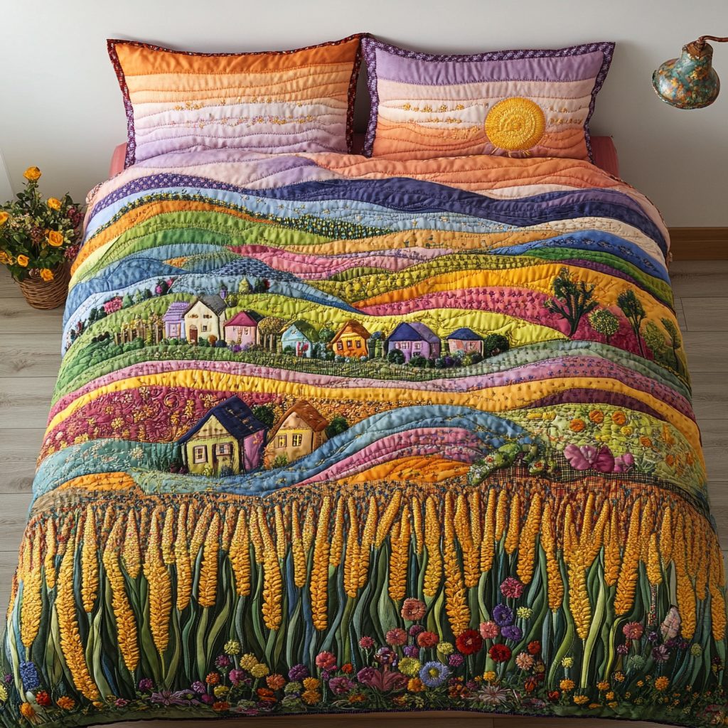 Autumn Acres quilted 3-piece bedding set on a made bed with two matching pillow shams