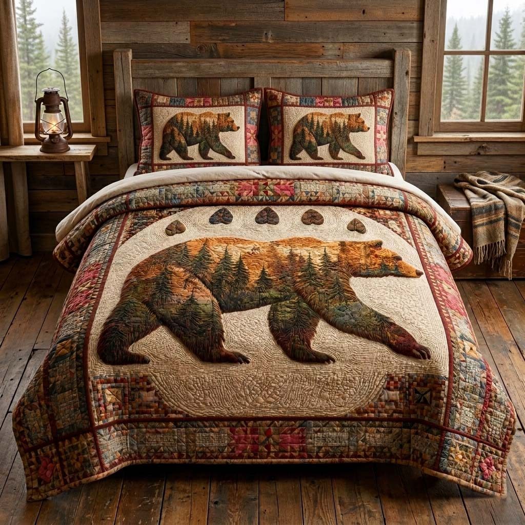 Autumn Bear quilted 3-piece bedding set on a made bed with two matching pillow shams