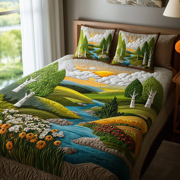Autumn Birch Haven quilted 3-piece bedding set on a made bed with two matching pillow shams