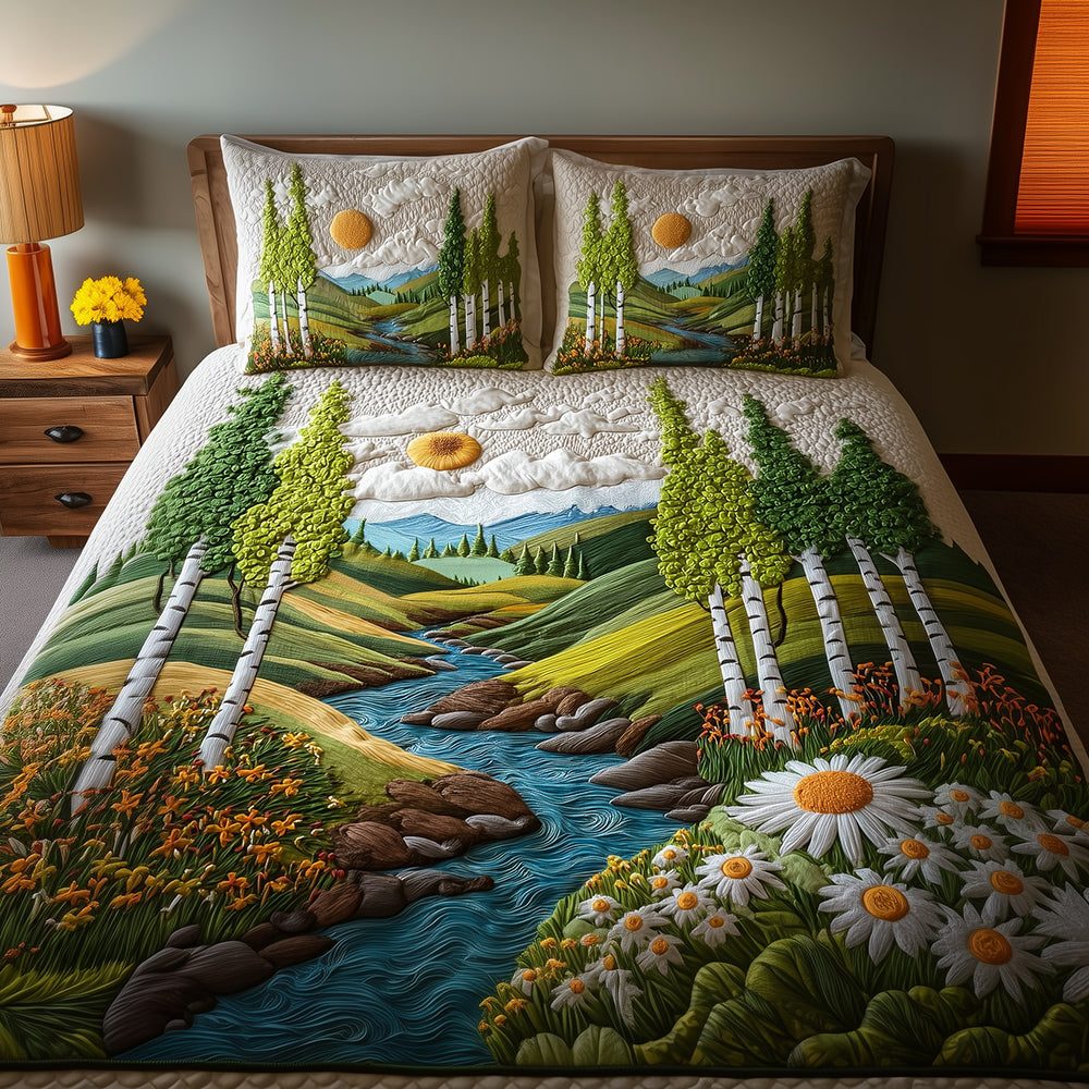Autumn Birch quilted 3-piece bedding set on a made bed with two matching pillow shams