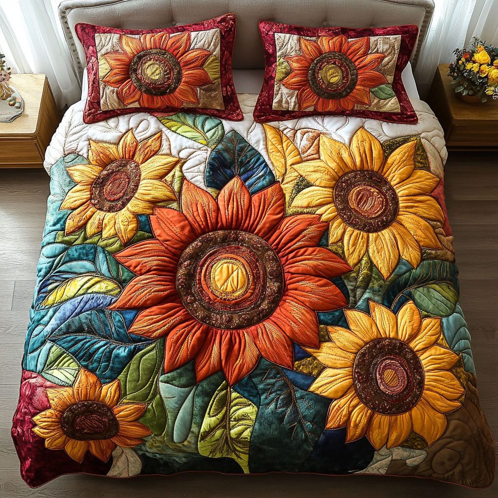 Autumn Blaze quilted 3-piece bedding set on a made bed with two matching pillow shams