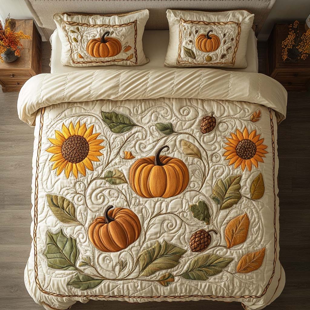 Autumn Blessings Trail quilted 3-piece bedding set on a made bed with two matching pillow shams