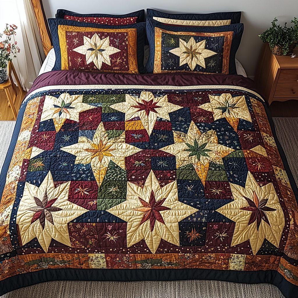 Autumn Burst quilted 3-piece bedding set on a made bed with two matching pillow shams