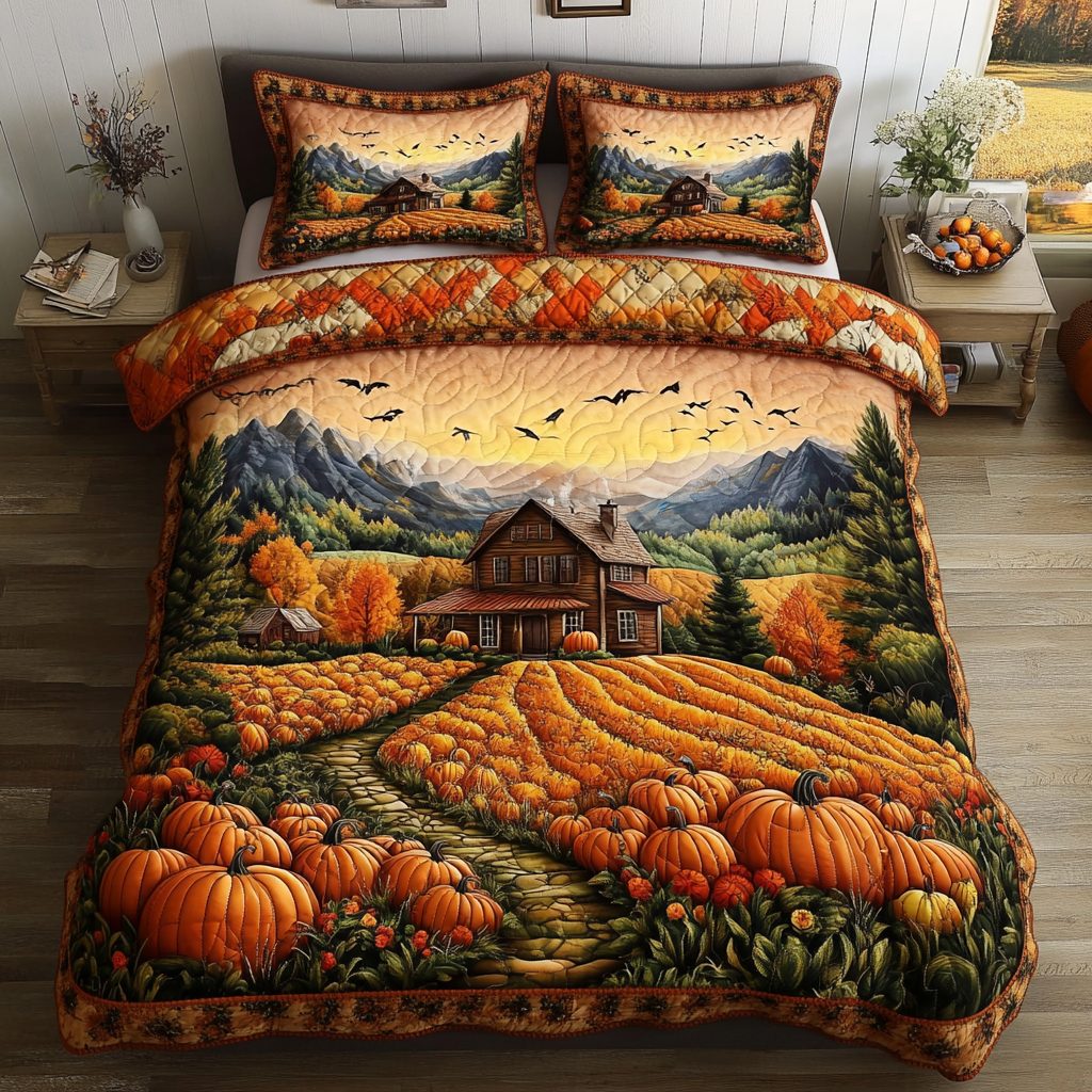 Autumn Cabin quilted 3-piece bedding set on a made bed with two matching pillow shams