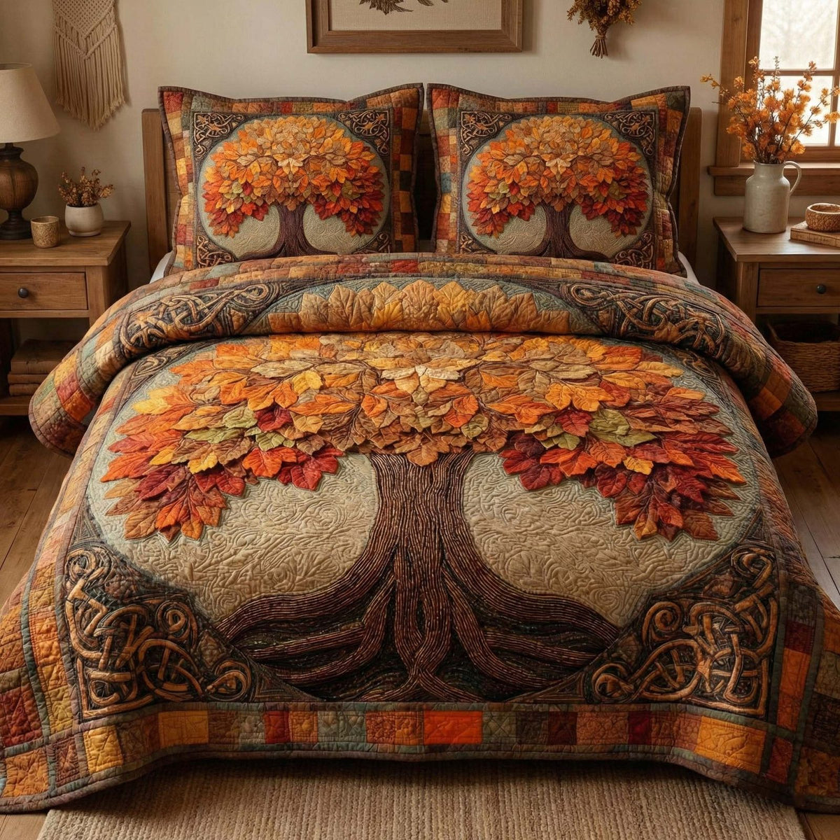 Autumn Canopy quilted 3-piece bedding set on a made bed with two matching pillow shams