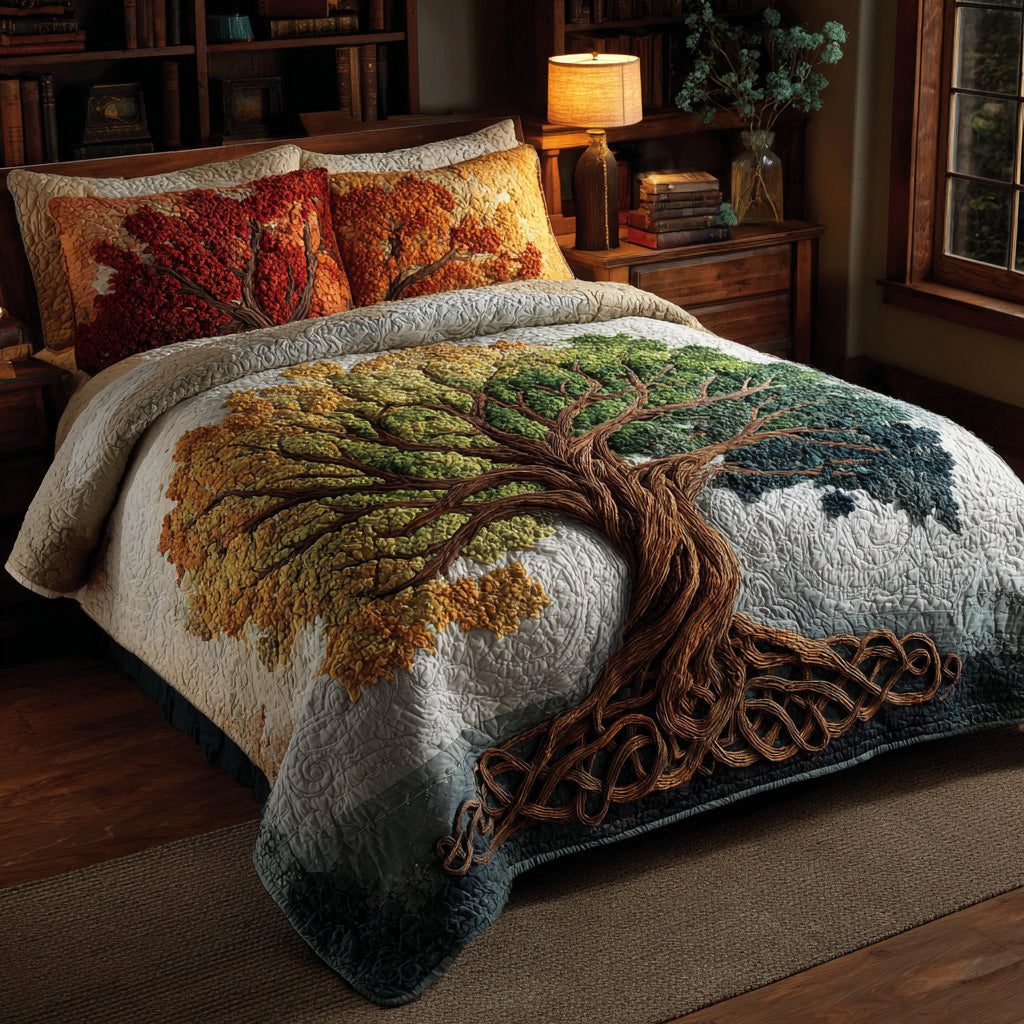 Autumn Canopy quilted 3-piece bedding set on a made bed with two matching pillow shams