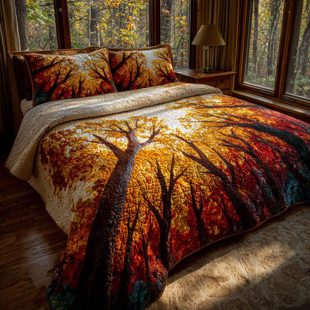 Autumn Canopy quilted 3-piece bedding set on a made bed with two matching pillow shams