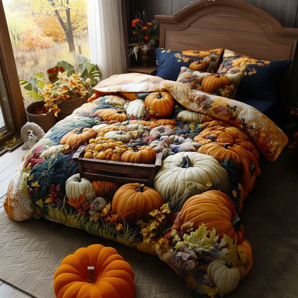 Autumn Carve quilted 3-piece bedding set on a made bed with two matching pillow shams