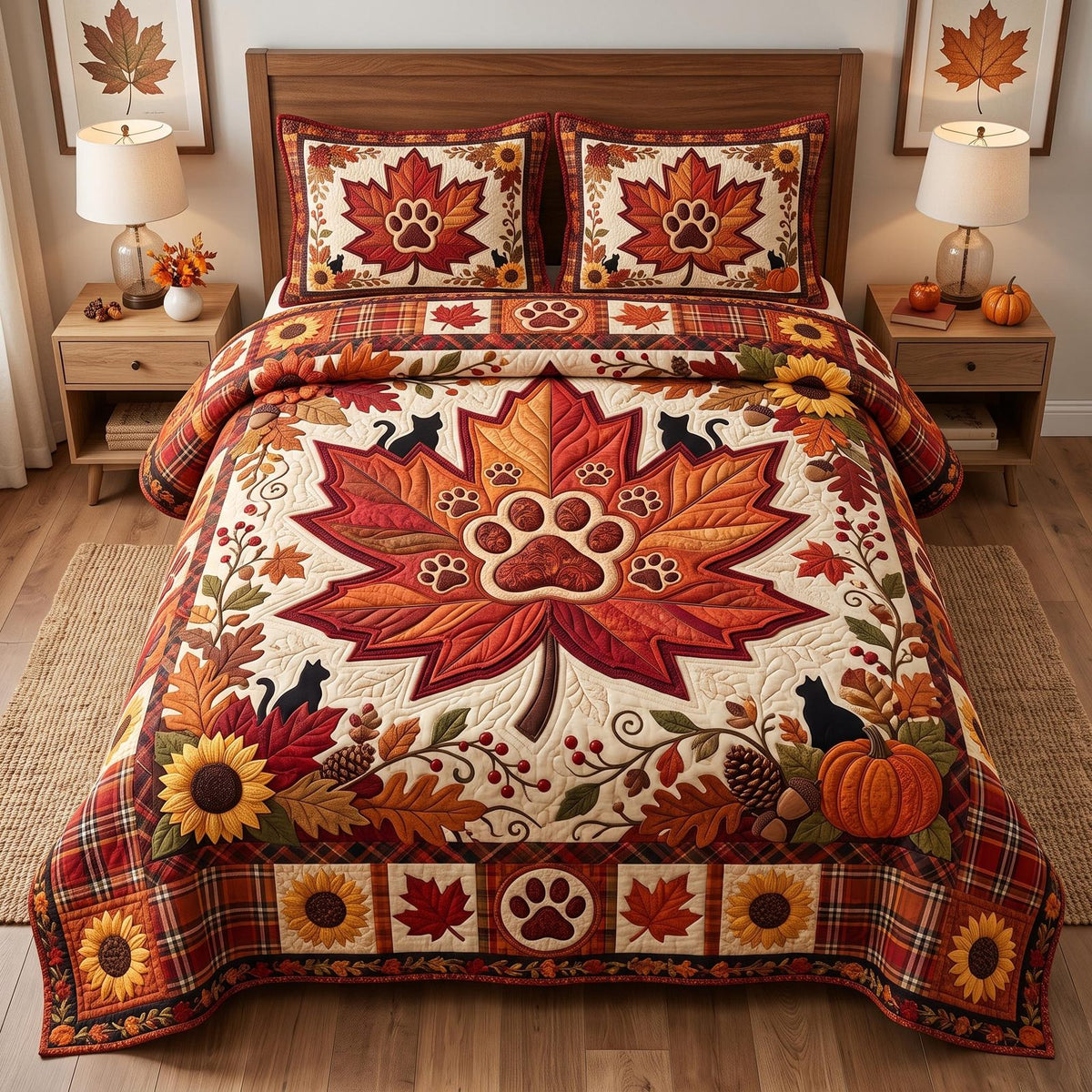 Autumn Cat quilted 3-piece bedding set on a made bed with two matching pillow shams