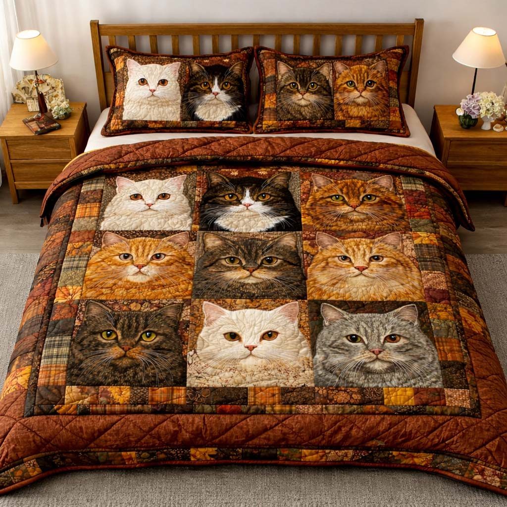Autumn Cats quilted 3-piece bedding set on a made bed with two matching pillow shams