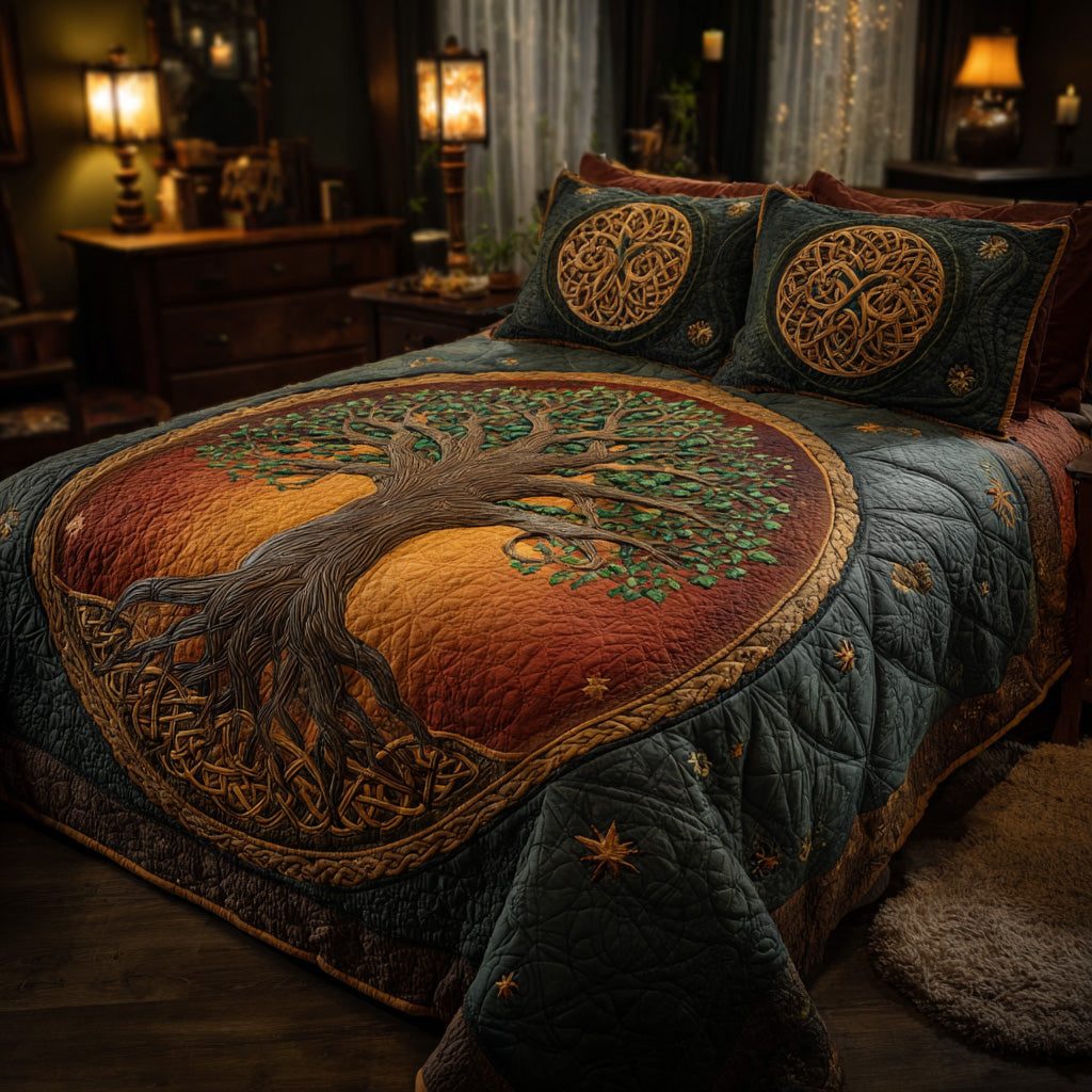 Autumn Circle quilted 3-piece bedding set on a made bed with two matching pillow shams