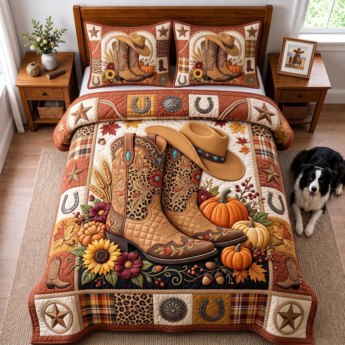 Autumn Cowboy quilted 3-piece bedding set on a made bed in a rustic timber bedroom