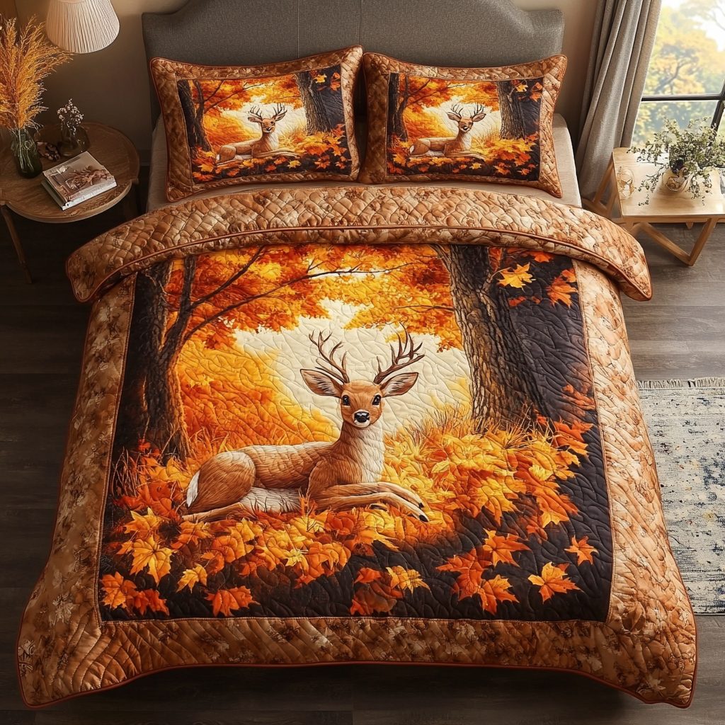 Autumn Deer quilted 3-piece bedding set on a made bed with two matching pillow shams