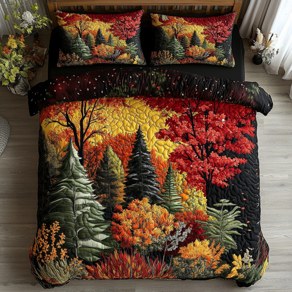 Autumn Dream quilted 3-piece bedding set on a made bed with two matching pillow shams